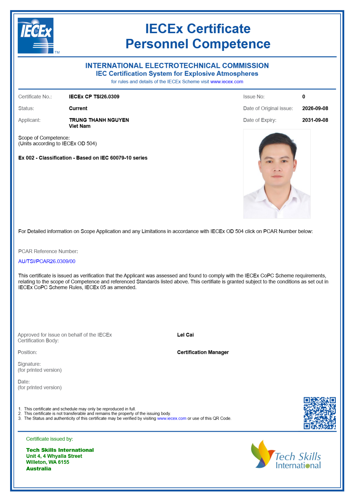 Chứng chỉ IECEx CP TSI26.0309 — Nguyễn Thành Trung